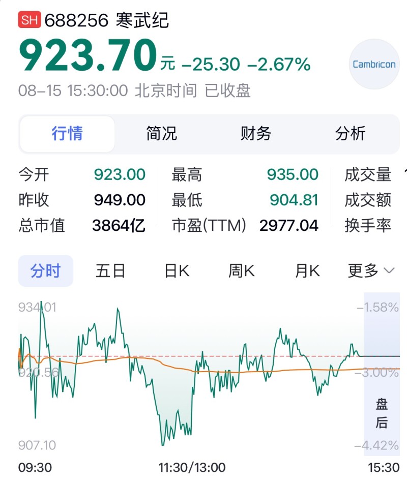 结束连涨，寒武纪股价今日收跌